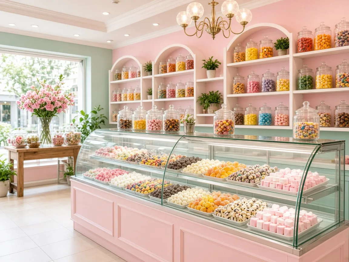 Bright candy shop interior with jars and display counters