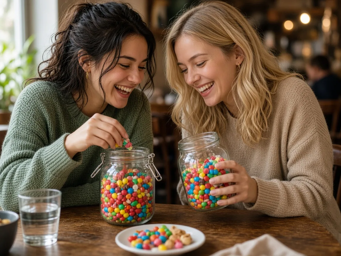 Friends sharing jars of mixed candies