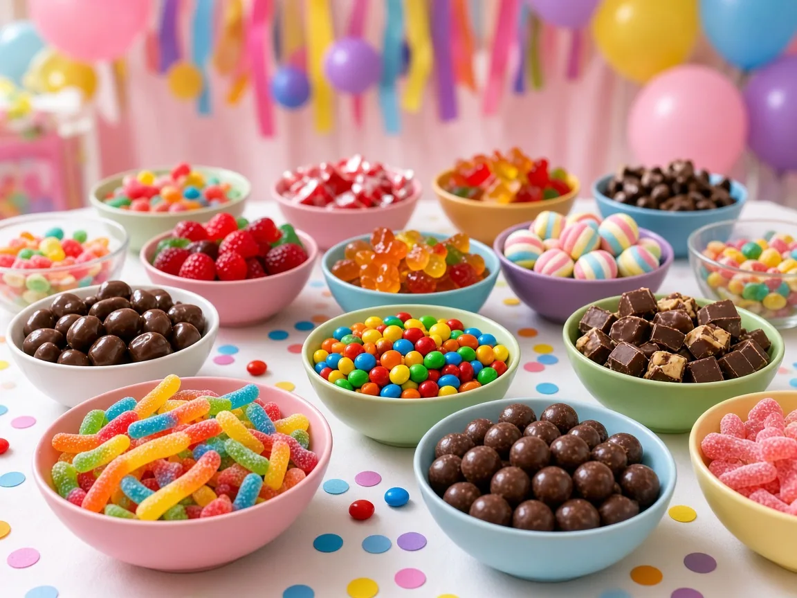 Candy tasting event table with colourful sweets