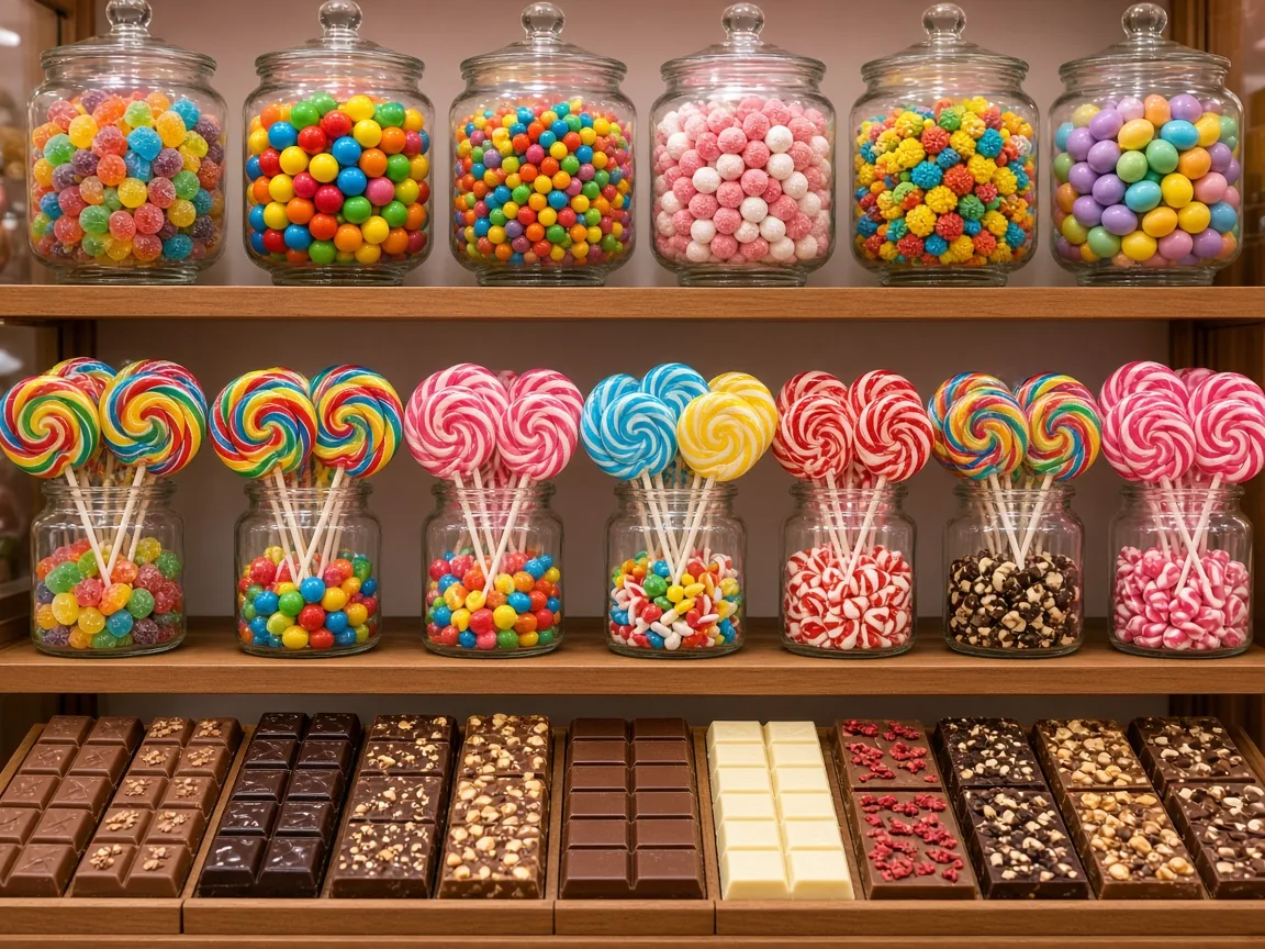 Candy shop shelves packed with colourful sweets