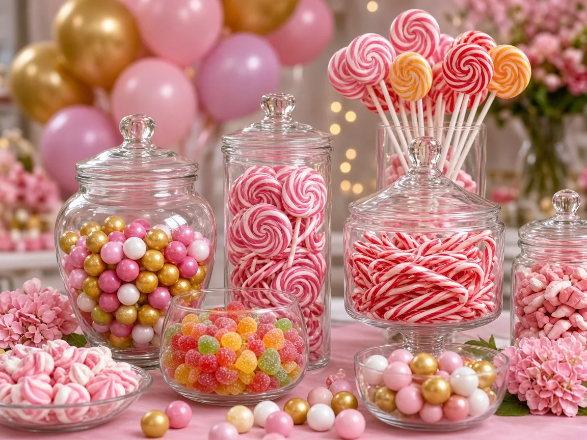 Party candy buffet with lollipops and jars