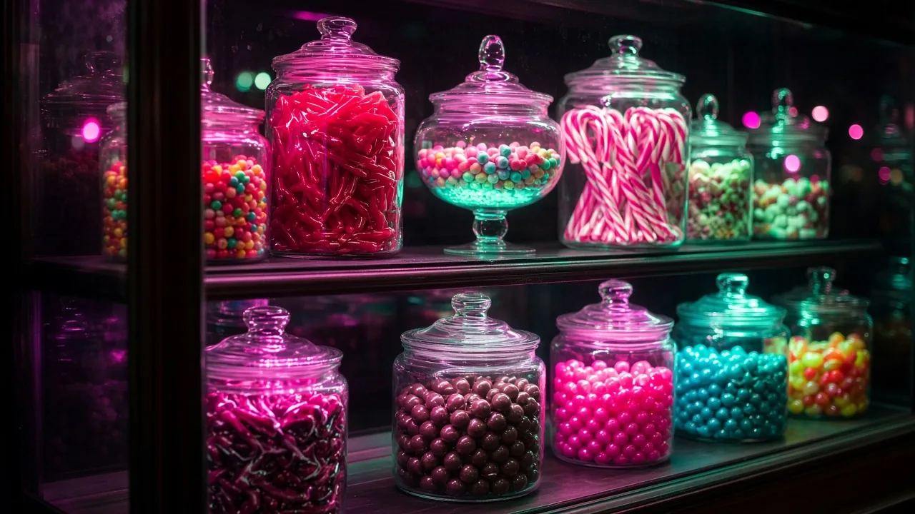 Candy shop window glowing at night