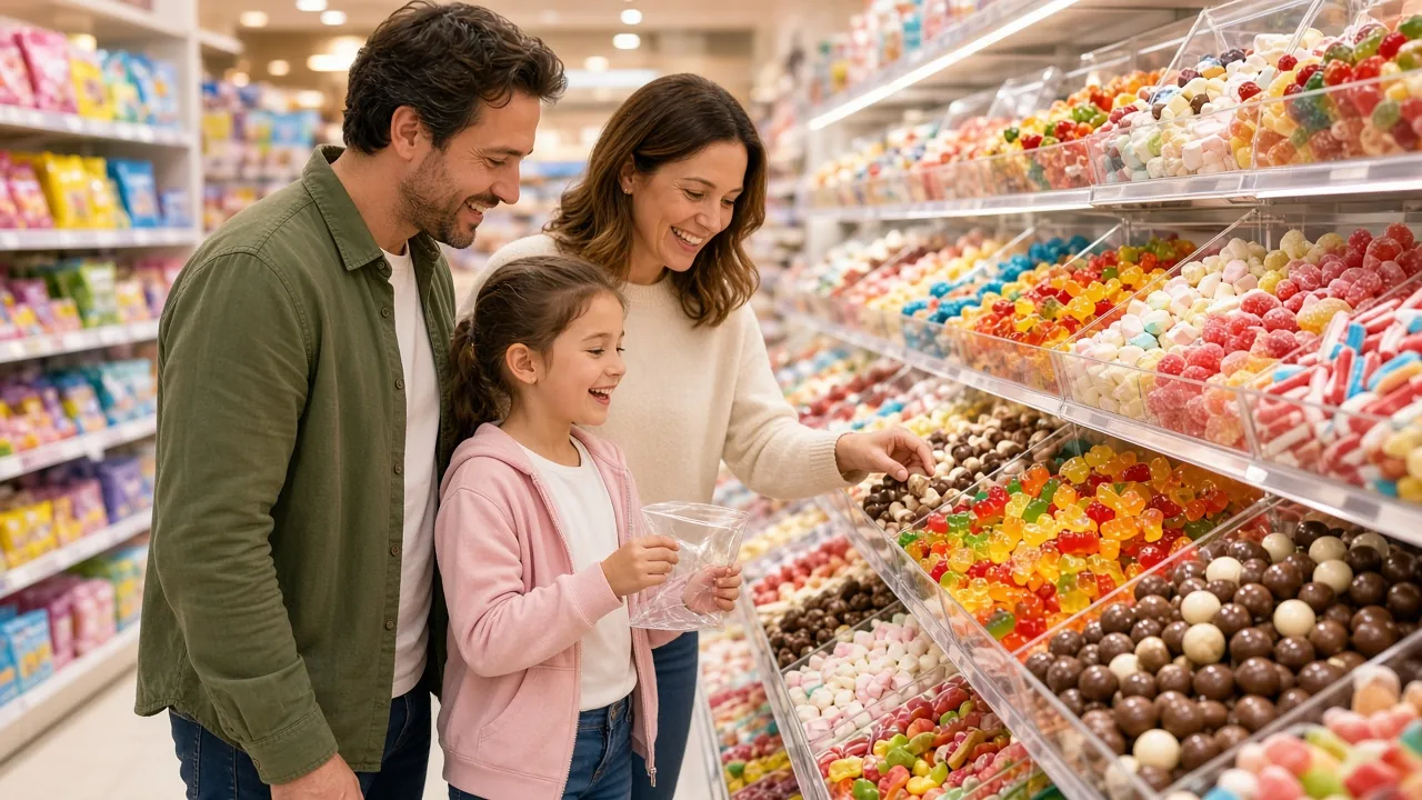 Family choosing colourful sweets in a candy shop