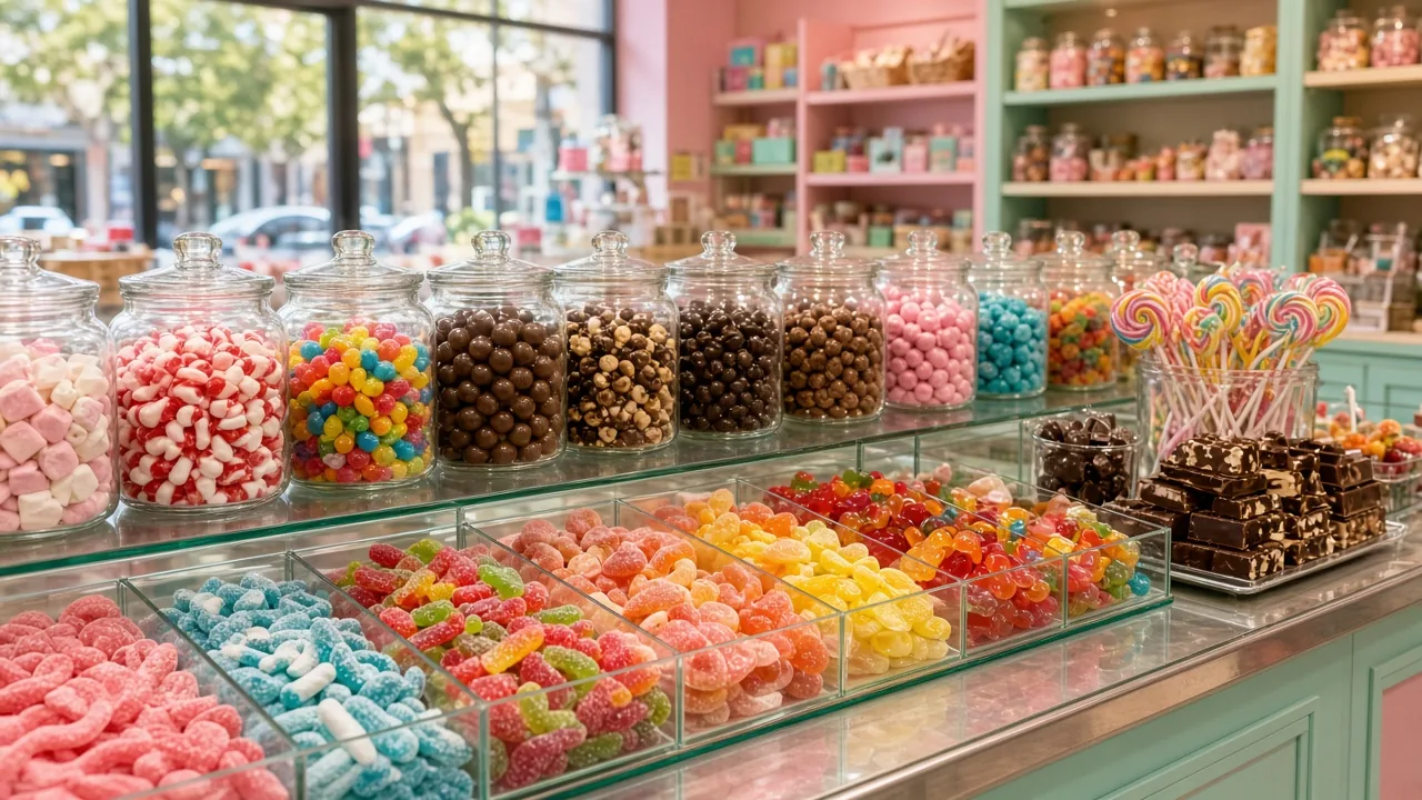 Colourful candy counter with jars of sweets and chocolates
