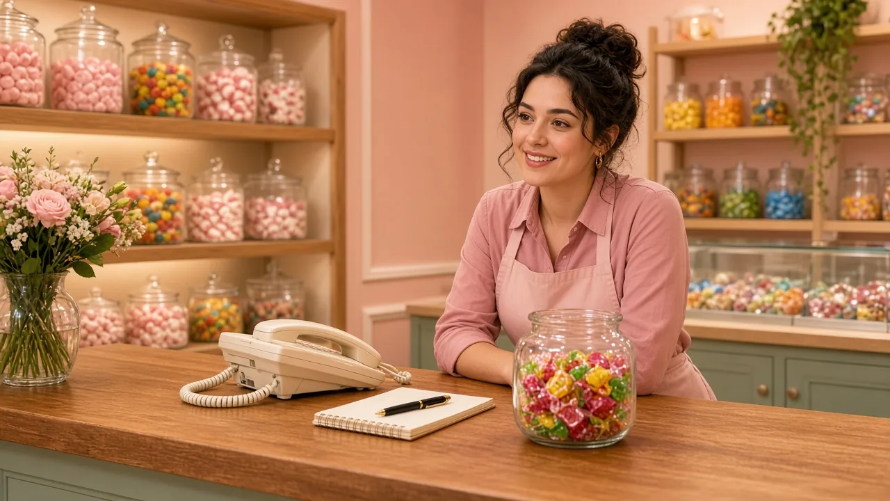 Friendly candy shop front desk with sweets jar