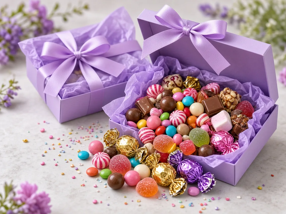 Mystery candy gift boxes with ribbons